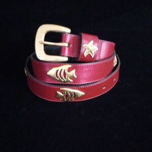 Vintage Joan & David Too Red Calfskin Belt Gold-Tone Fish/Star Accents Nautical